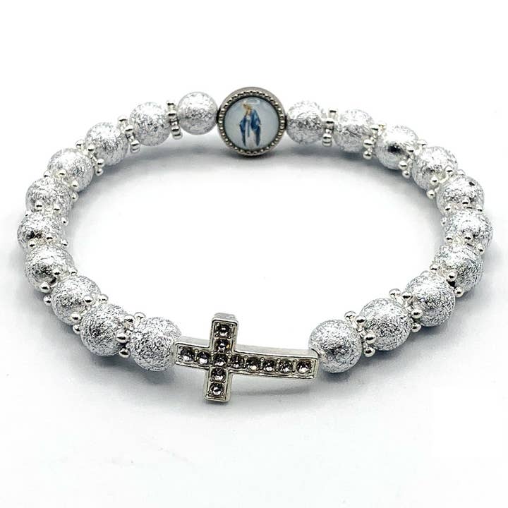 Rosary Bracelet Sparkling Silver Finish Beads Miracle Medal for wholesale by RM Trading