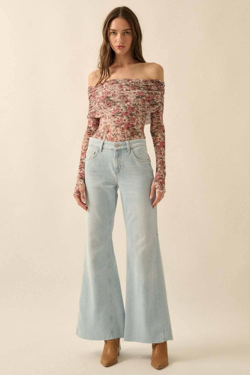 Promesa USA - Wholesale Bodysuit - Women's - Floral Mesh Long-Sleeve Off-Shoulder Bodysuit3