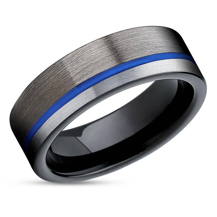 Gunmetal Wedding Ring - Blue Tungsten Ring - Black Tungsten Ring - Blue Wedding Ring for wholesale by Lucky Love Rings