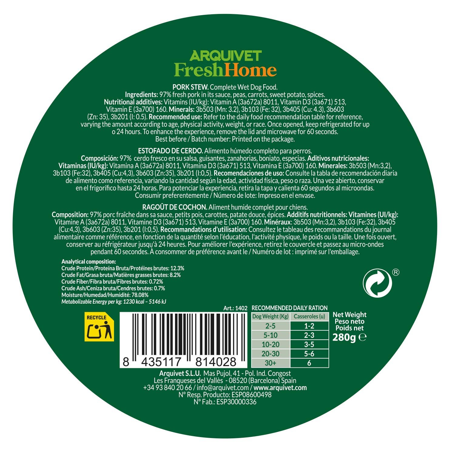 ARQUIVET, S.L.U. - Wholesale Pet Food - Dog - Arquivet Fresh Home Pork Stew 280g3