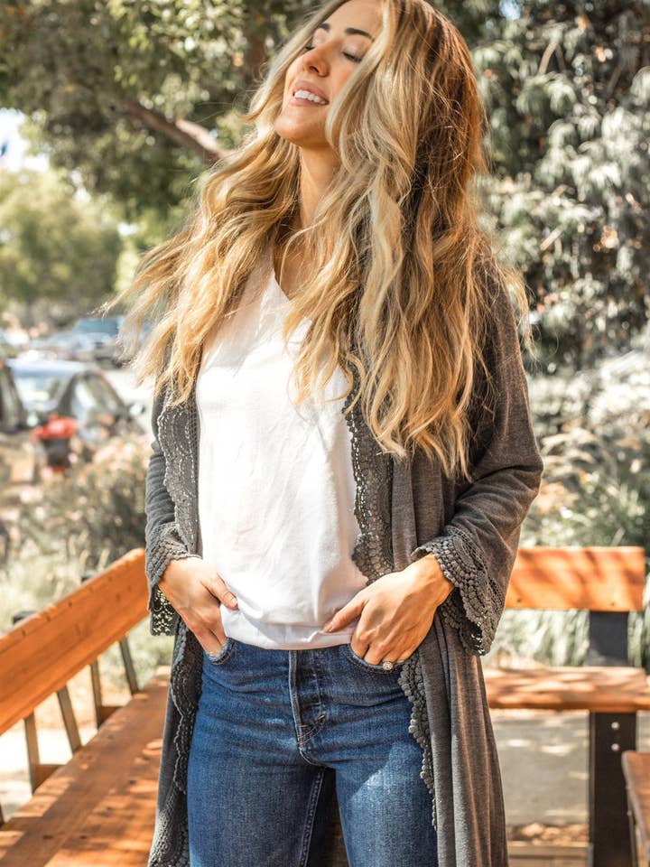 Tickled Teal - Wholesale Cardigan - Women's - 3/4 Sleeve Lace Trim Cardigan8