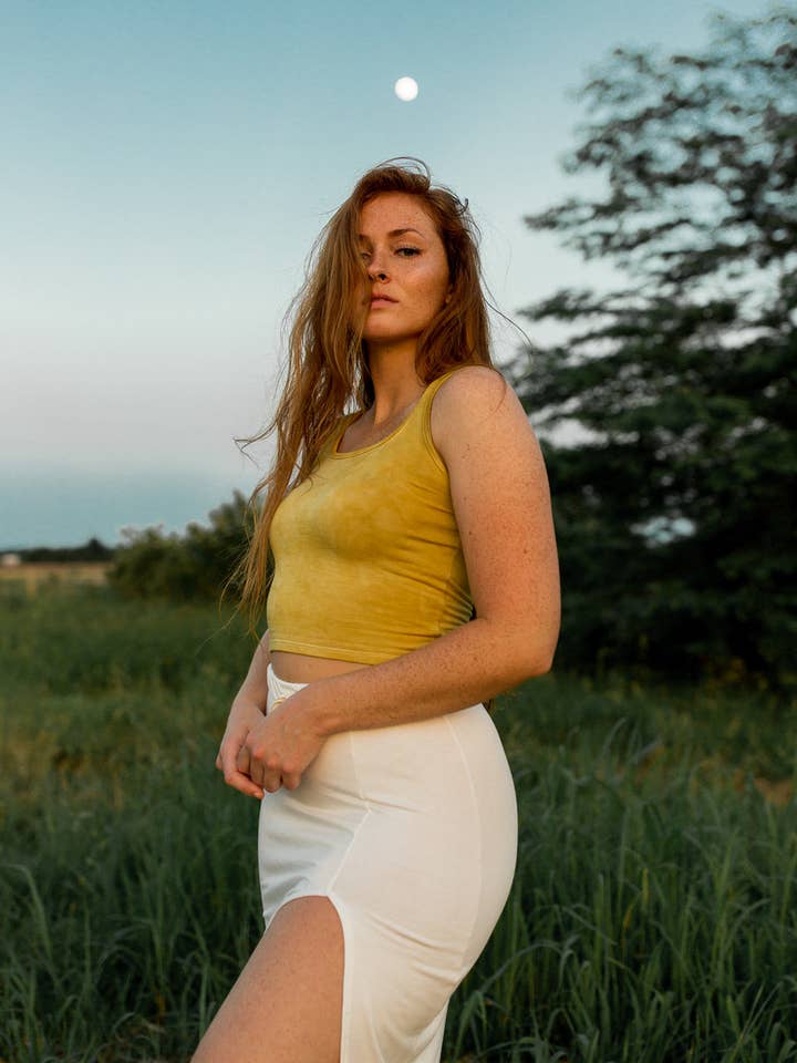 Bamboo Crop Tank in Hand Dyed Marigold for wholesale by MADI Apparel