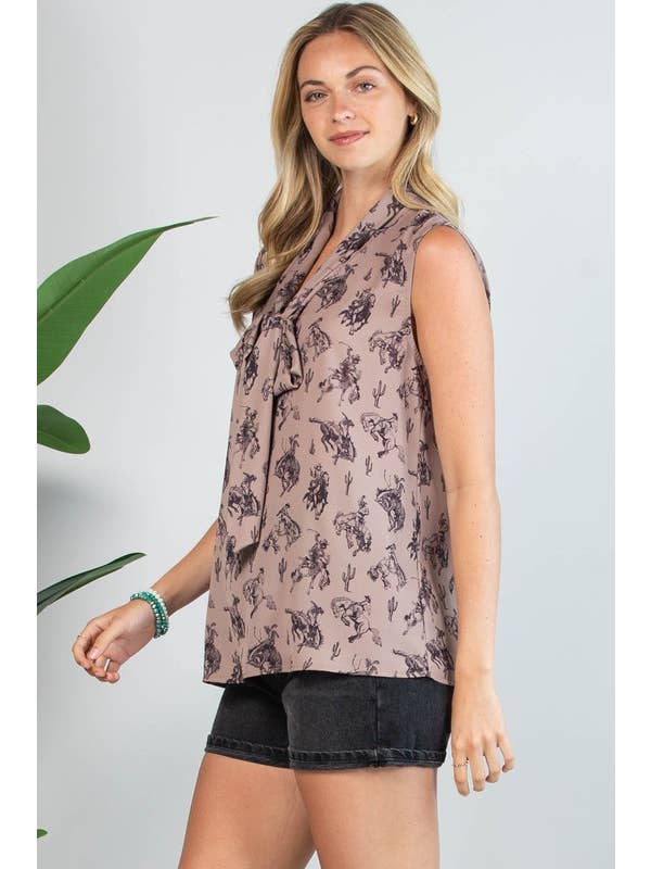 Mocha AT1289-COLETTE BUCKING HORSES PRINT FRONT TIE WOVEN TOP for wholesale on Faire