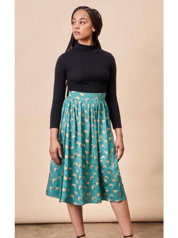 Ginkgo Leaf Midi Skirt Green Gold for wholesale by Symbology