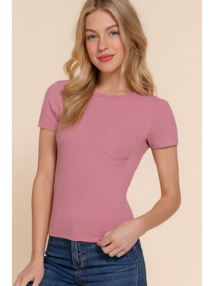 Active Basic | Active USA - Wholesale Knit Top - Women's - Short Sleeve Crew Neck with Pocket Rayon Spandex Rib Top