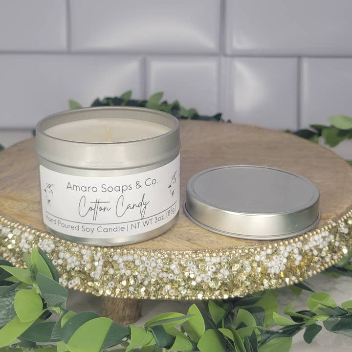 Lata de vela de soja de algodón de azúcar para venta al por mayor de Amaro Soaps & Co.