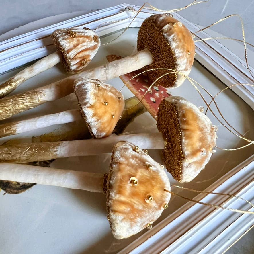 Wonder Objects – wholesale Ornament – Yellow Velvet Mushroom Ornaments with Crystals and Beads1