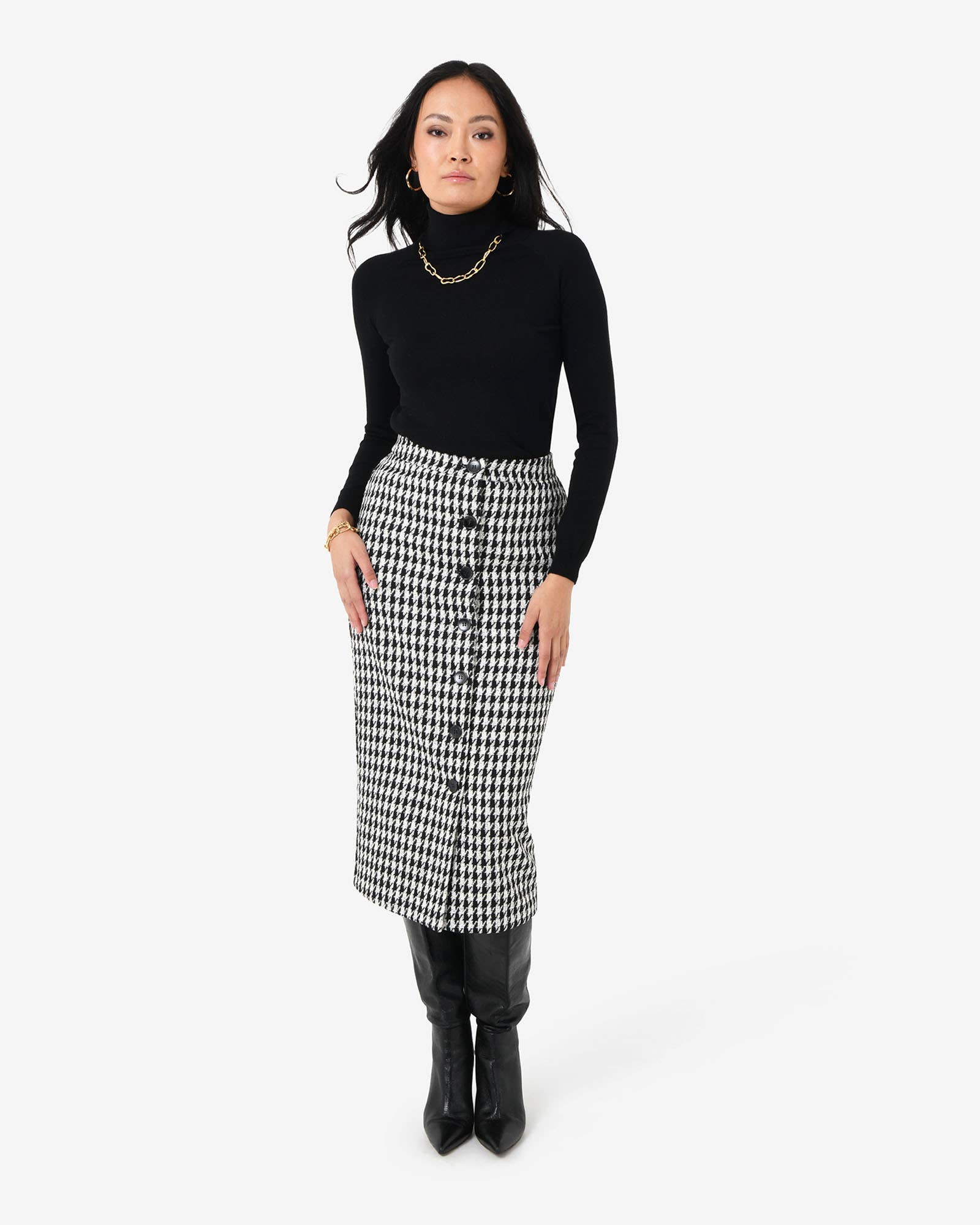 Black Ivory Forcast Women's Bennet Houndstooth Midi Skirt for wholesale on Faire0