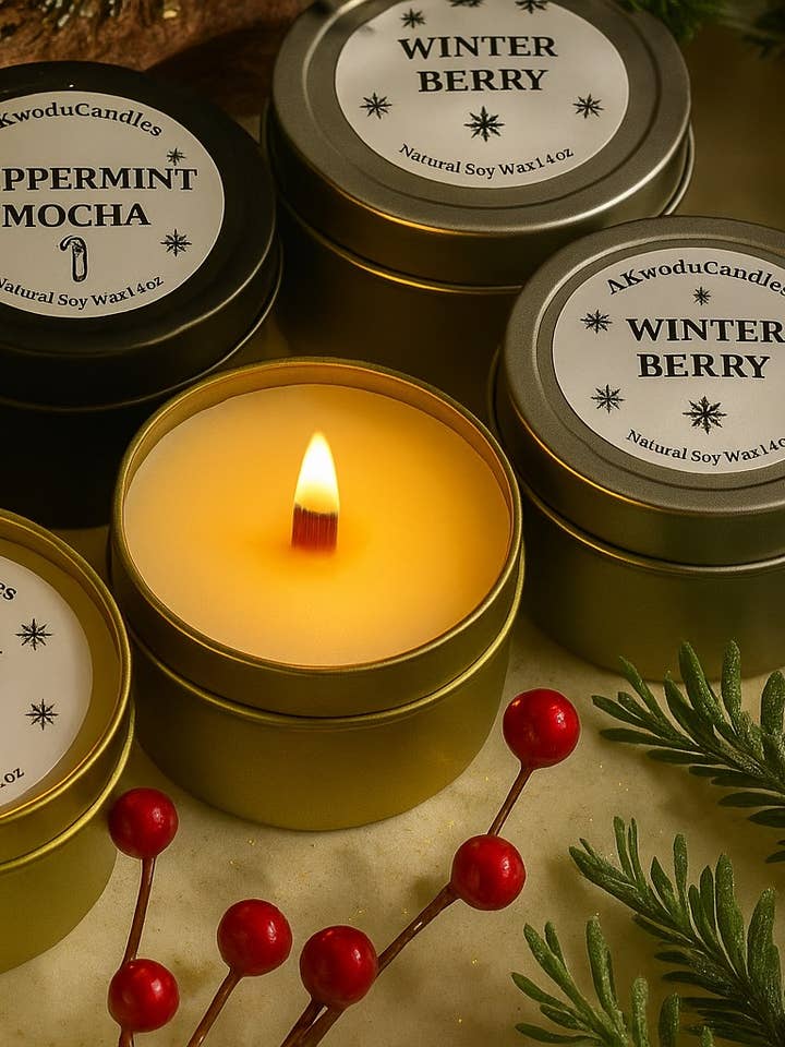 Christmas Scented Candle in 4 oz Tins Holiday Scents for wholesale by Akivodu Candles