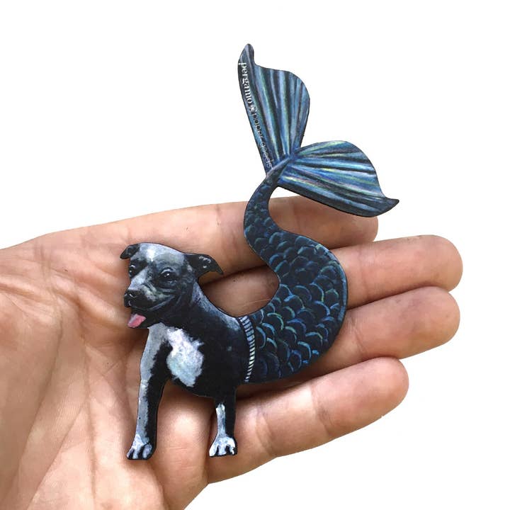 Pit Bull Mermaid Wood Magnet - Dog Mermaid for wholesale by Pergamo Paper Goods
