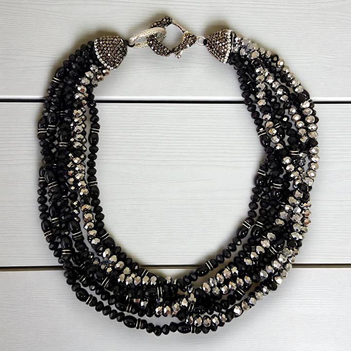 Chunky Multi Strand Pavé Beaded Collar | Statement Necklace for wholesale by Bijoux Envie Statement Jewelry