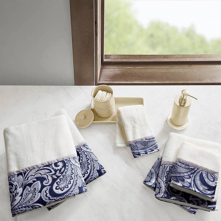 Embroidered Paisley 6-Piece Bath Towel Set, Navy Blue for wholesale by Olliix