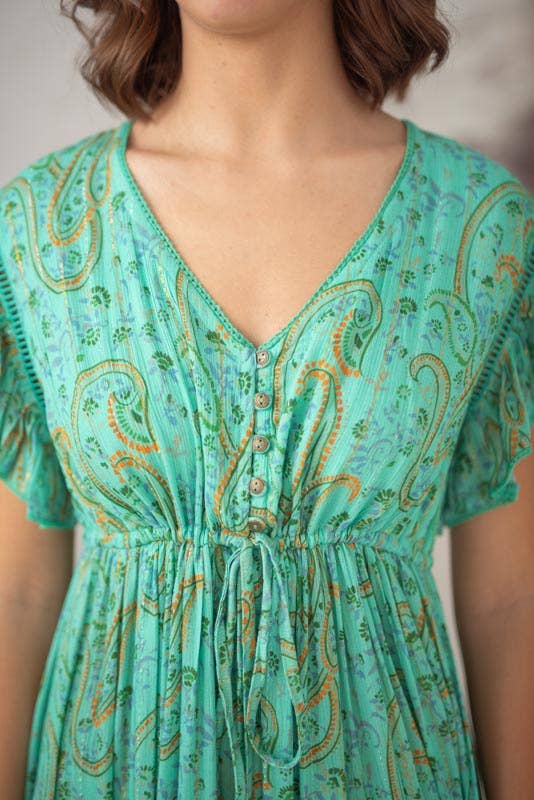 Lula Natura - Vente Robe – femme - Robe verte Selene à manches courtes et boutonnière4