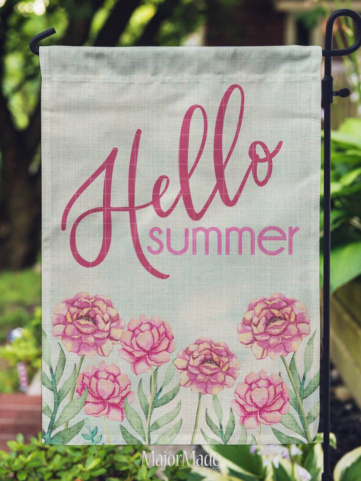 Garden Flag - Hello Summer Pink Peonies for wholesale by MajorMade Design Co
