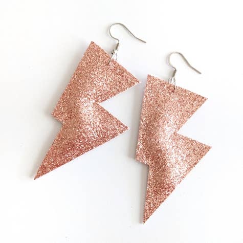 Medium Rose Gold Fine Glitter Lightning Bolt Dangle Earrings for wholesale by All The Discos