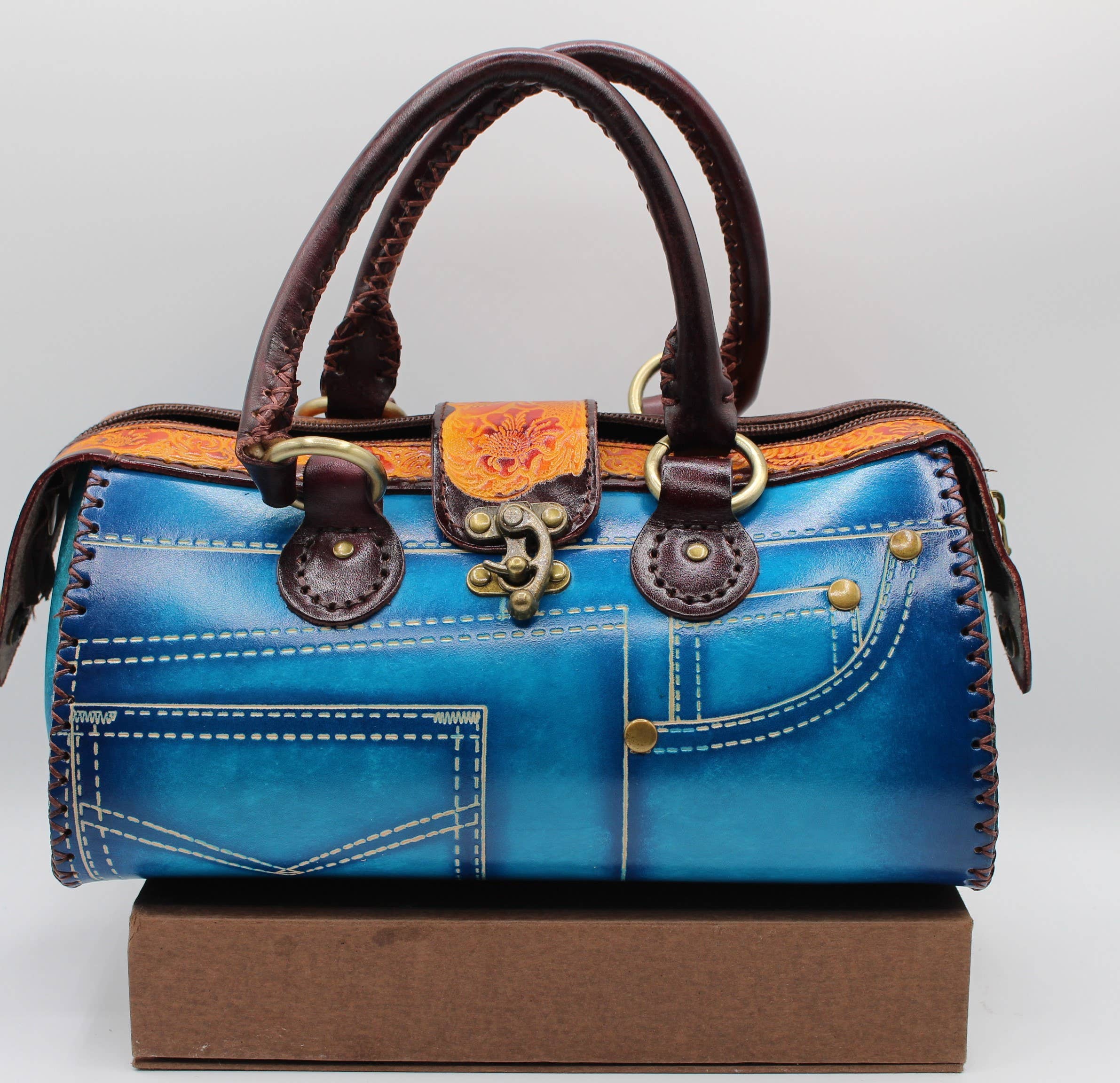 Sunflower Handmade leather inc - Wholesale Top Handle Bag - Women's - Handmade leather Jeans Handbag-blue3