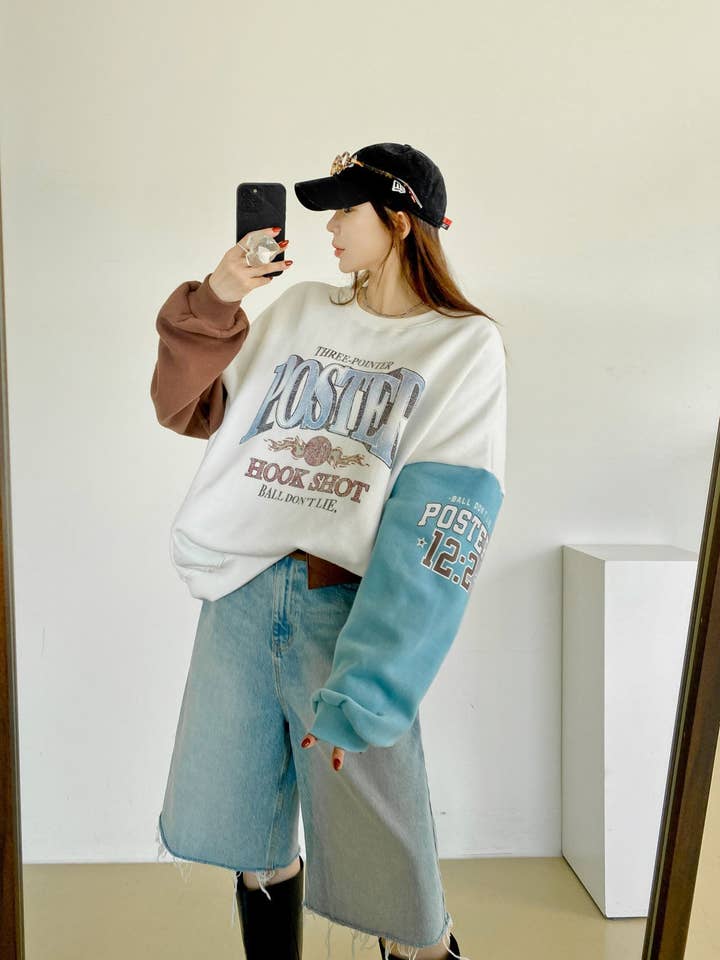 Little Light - Wholesale Graphic Sweatshirt - Women's - Poster Hook Shot Vintage Color-Block Sweatshirt11