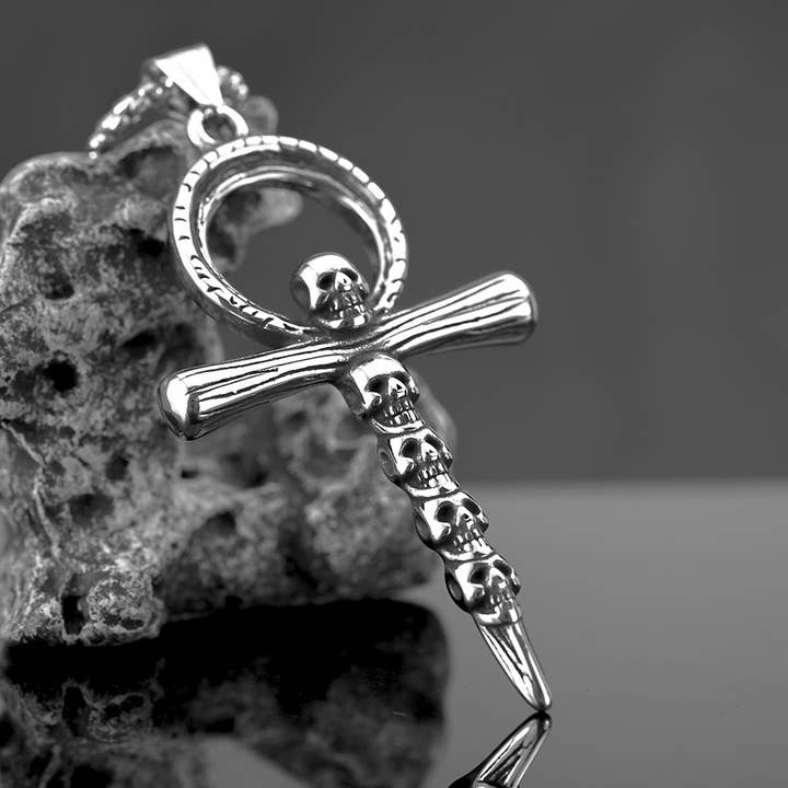 Gemcohub - Wholesale Pendant/Charm Necklace - Vintage Men's Ankh Skull Cross Pendant Necklace
