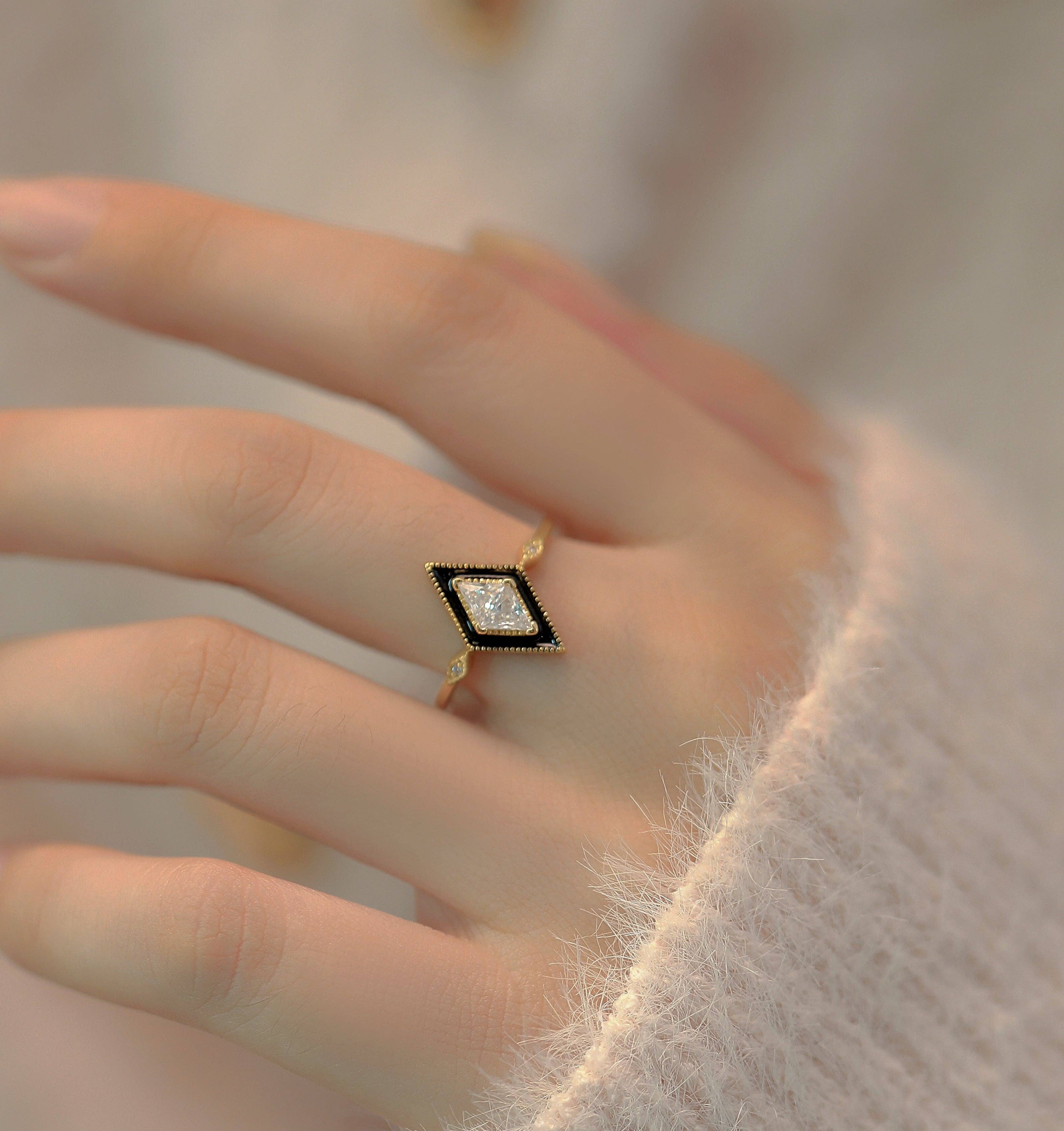 happyzzzsu - Wholesale Multi-Stone Ring - Sterling Silver Gold Plated Black Rhombus Ring4