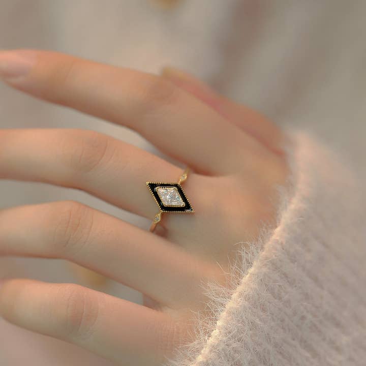 happyzzzsu - Wholesale Multi-Stone Ring - Sterling Silver Gold Plated Black Rhombus Ring4