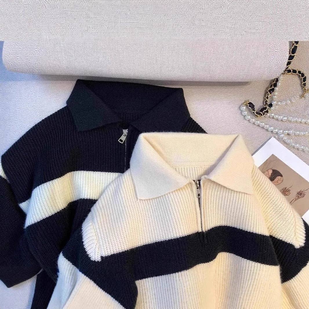 alberalkirk - Wholesale Knit Sweater - Women's - Half Zip Polo Neck Stripe Sweater Women N5A5814