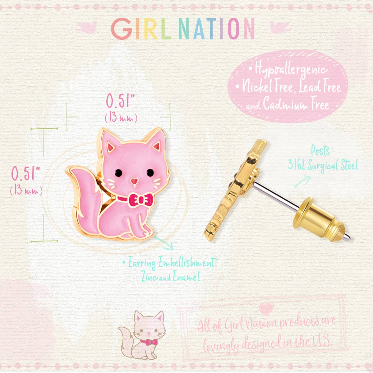 Girl Nation – wholesale Örhängen - Barn – Rosa Kattunge Söta Stiftörhängen5