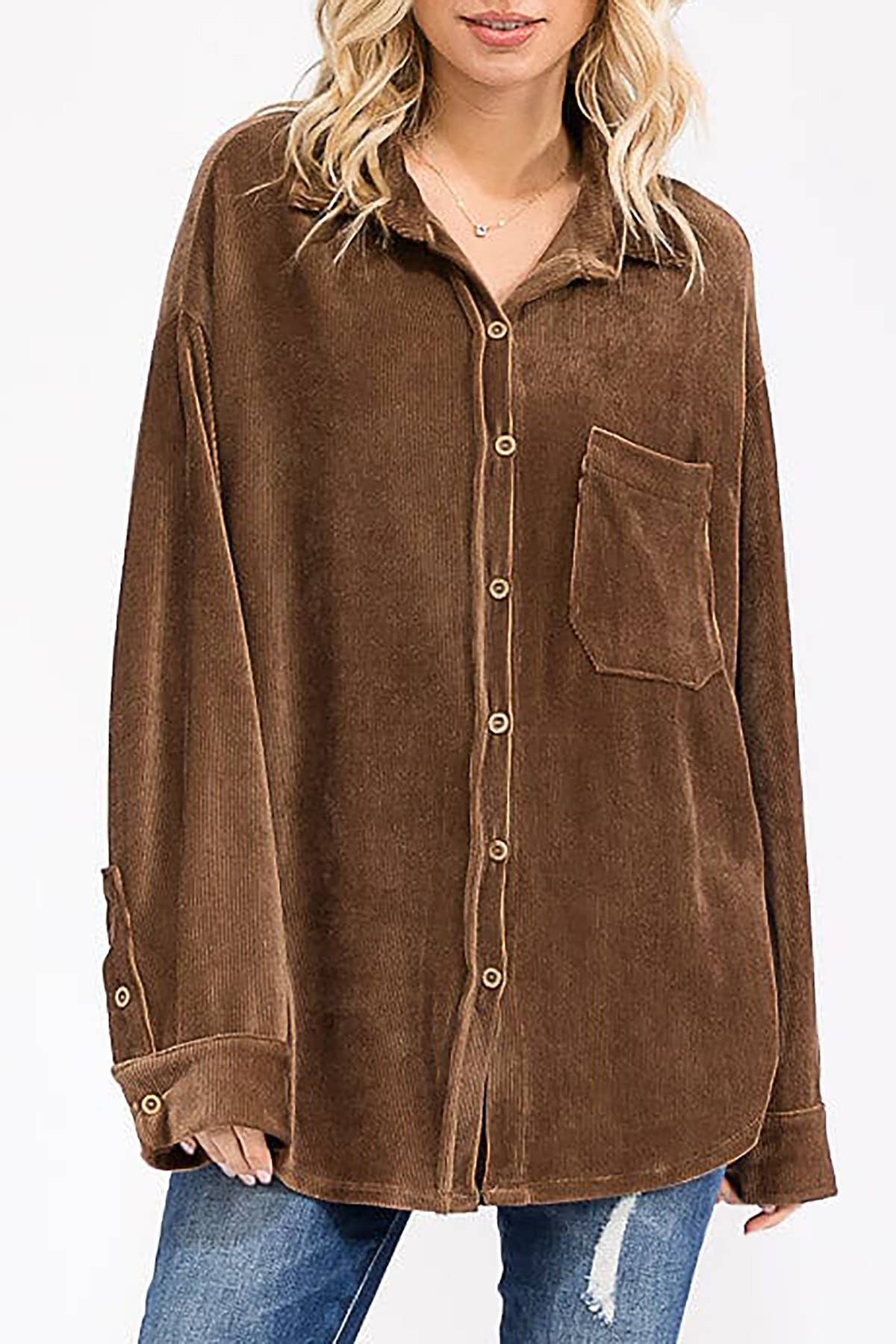 ROUSSEAU - Wholesale Button Down Shirt - Women's - OVERSIZED CORDUROY BUTTON DOWN POCKET FRONT TOP6