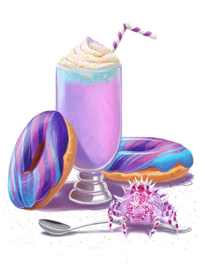 A Milkshake, Some Donuts, & A Candy Crab Art Print for wholesale by Burning Bee Illustration
