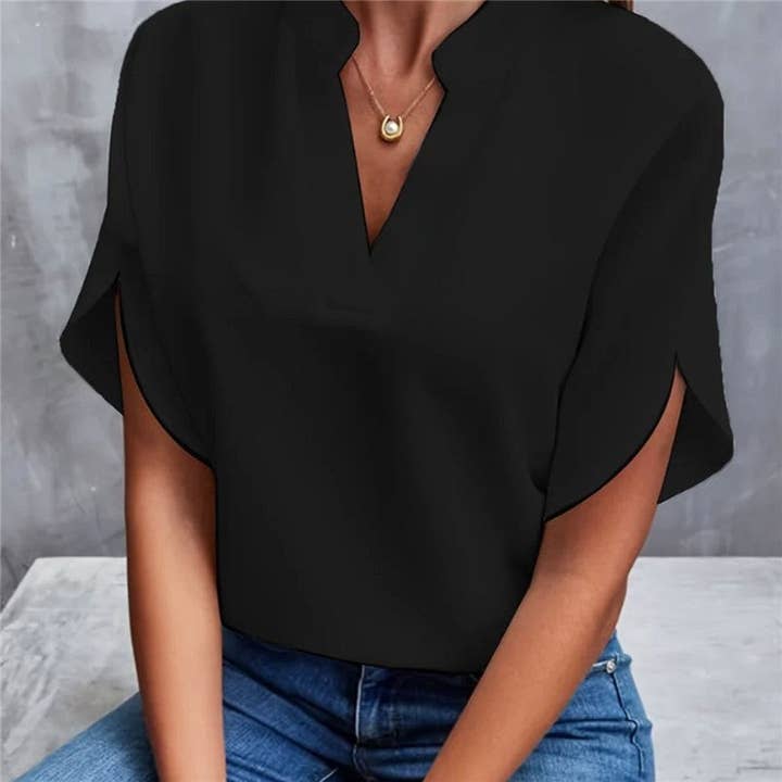 UZ Wholesale Store - Wholesale Blouse - Women's - Casual Solid Color V-Neck Short Sleeve T-Shirt