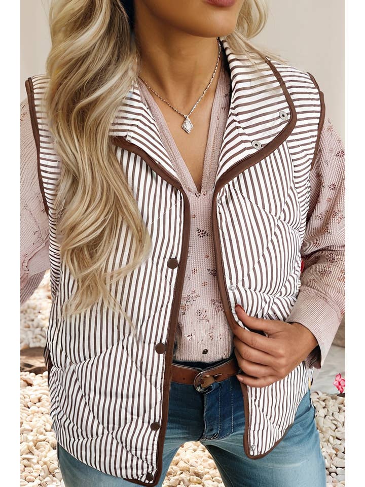 Little Daisy Closet - Wholesale Outerwear Vest - Women's - LDC Stripe Contrast Trim Button Collared Vest| S-4X4
