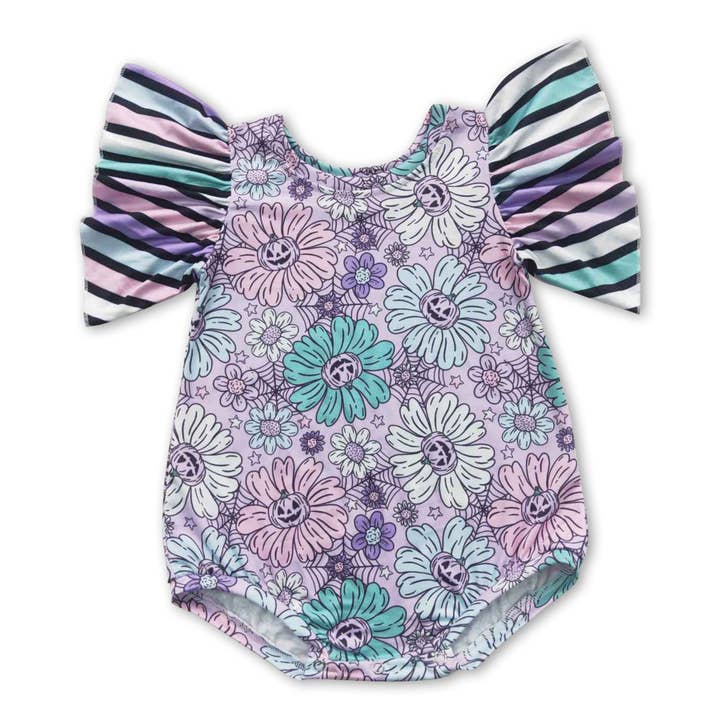 Barboteuse d'Halloween à rayures en forme de fleur de citrouille pour petites filles pour la vente par Yawoo Garments