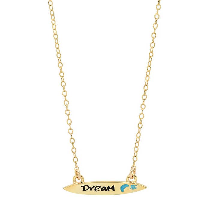 Gold Over Sterling Colorful Words Enamel Surfboard Necklace for wholesale by Jessica Elliot Jewelry