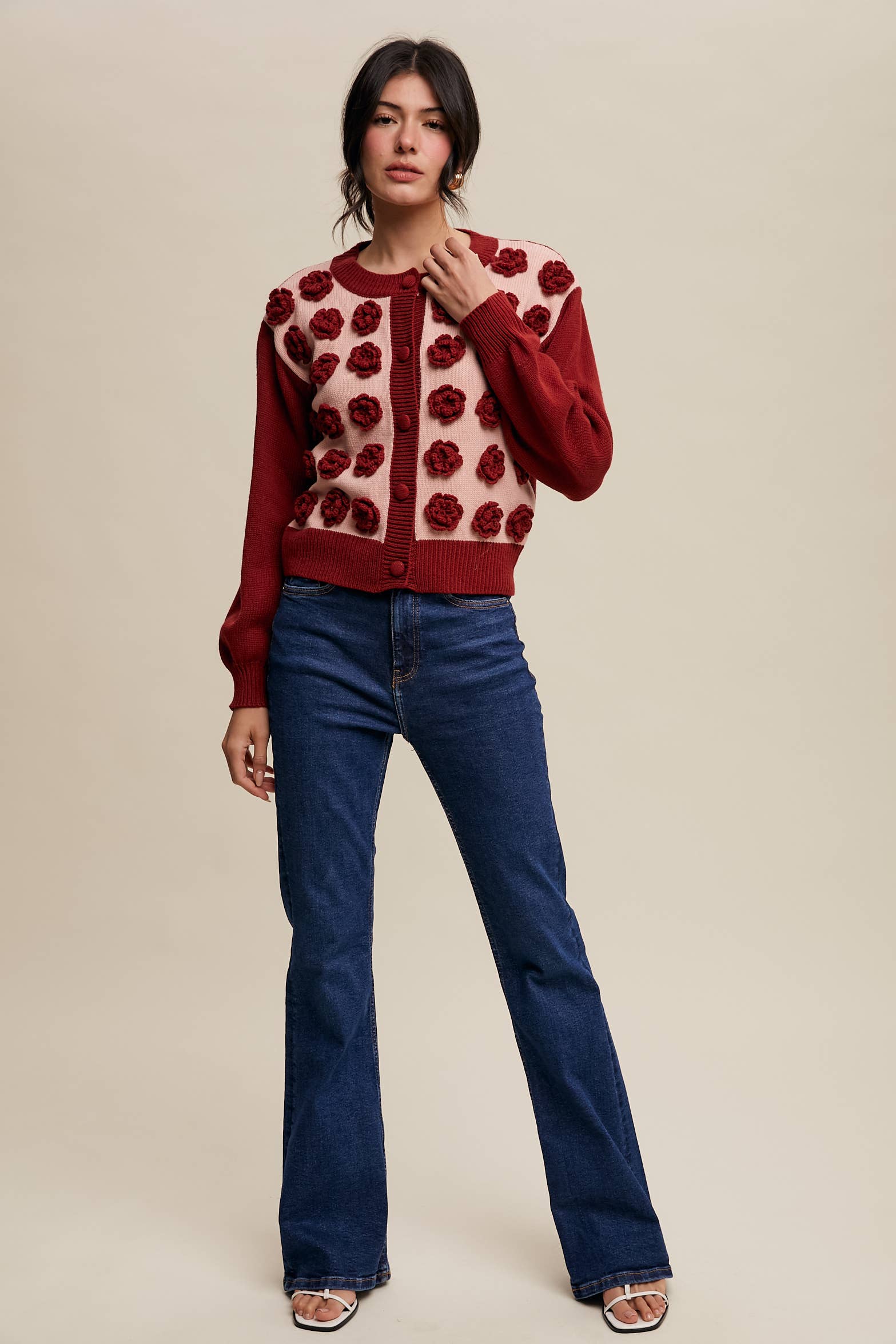 Listicle - Wholesale Cardigan - Women's - Handmade Rose Applique Knit Cardigan7