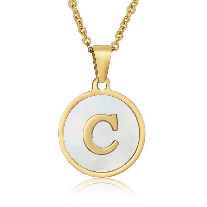 NINEXIS - Wholesale Pendant/Charm Necklace - CWAJE1934_Round Stainless Steel White Shell Letter Necklace