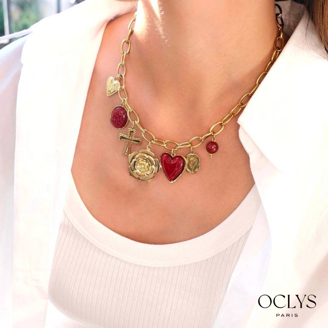 Oclys - Wholesale Pendant/Charm Necklace - Pink charm necklace in gold stainless steel Coco1
