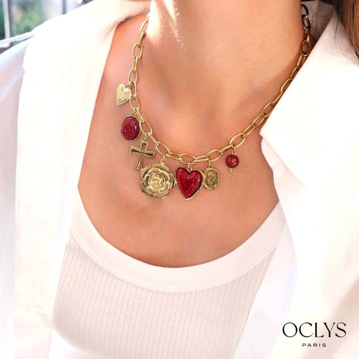 Oclys - Vente Colliers à pendentif - Collier breloques rose acier inoxydable doré Coco1