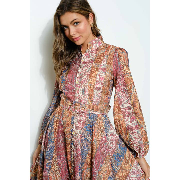 BROWN MULTI Long Sleeves Paisley Print Belted-Waist Midi Dress for wholesale on Faire