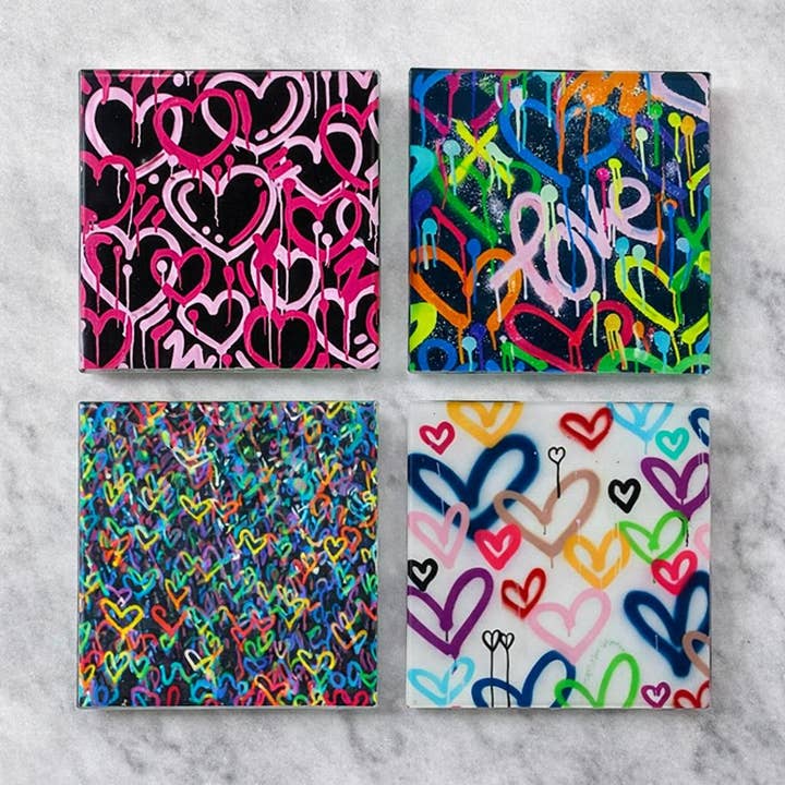 Graffiti Heart Glass Coaster Set of 4 Boutique Gifts Decor for wholesale by The Tray girl & more