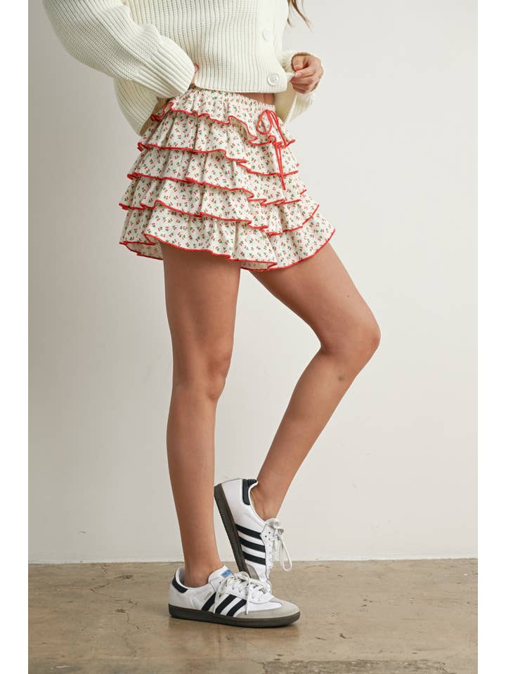 IVORY RED Cherry Print Layered Ruffled Tie-Front Mini Skort - BMP7832 for wholesale on Faire