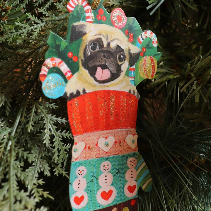 JANET HILL STUDIO - Wholesale Ornament - Christmas Pug Paper Ornament/ Gift Tag/ Die Cut/ Decor2