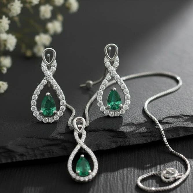 Eternal Radiance Set: Natural Emerald & Moissanite Infinity Drop Jewelry Set for wholesale by Princejewelshub