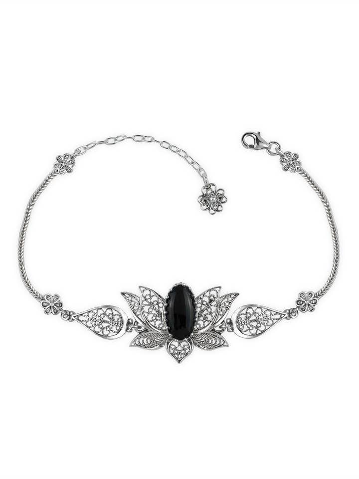 Black Onyx Gemstone Women Silver Lotus Flower Link Bracelet for wholesale by Filigranist Jewelry