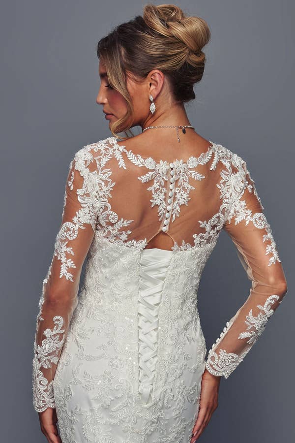 Babyfox Apparel - Vendita all'ingrosso Abito da sera - Donna - Abito da sposa a sirena con maniche lunghe trasparenti e scollo a cuore3