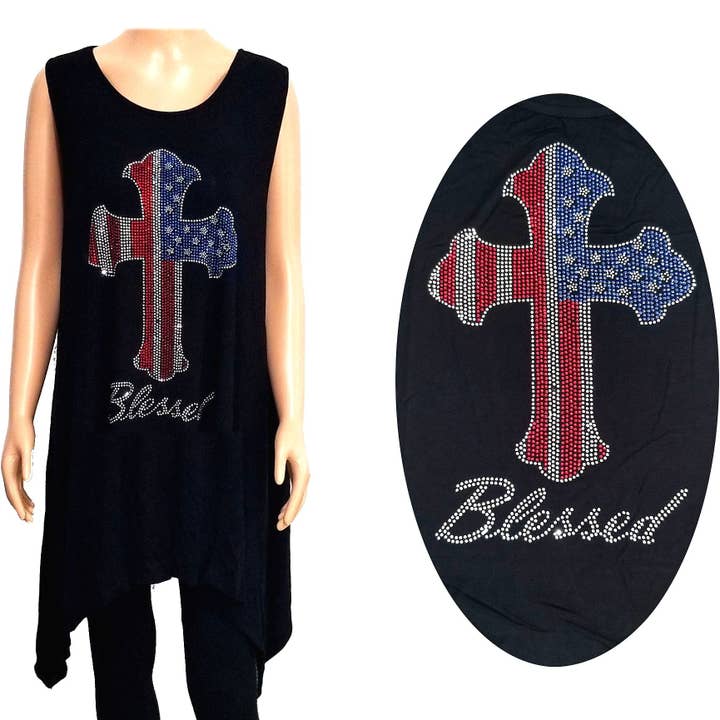 T-shirt sans manches Blessed Flag Cross Bling à coupe ample pour la vente par Diacly