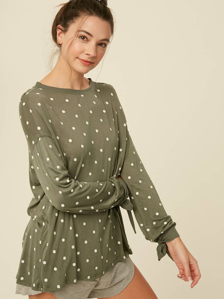 Polka Dot Tie-Cuff Long Sleeve Top LT0865 for wholesale by Listicle