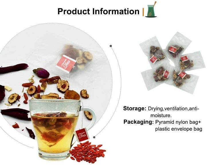 VIGOR – Chá de saúde/Detox por atacado – Chá Womb - Tâmaras Vermelhas, Gengibre, Rosa, Bagas de Goji, Longan11