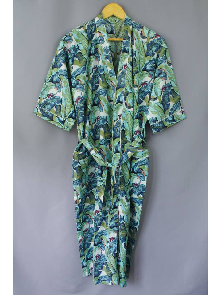 Kantha Decor – Großhandel Bademantel – Damen – Kimono-Morgenmantel aus Baumwolle, grüne Bananenblätter