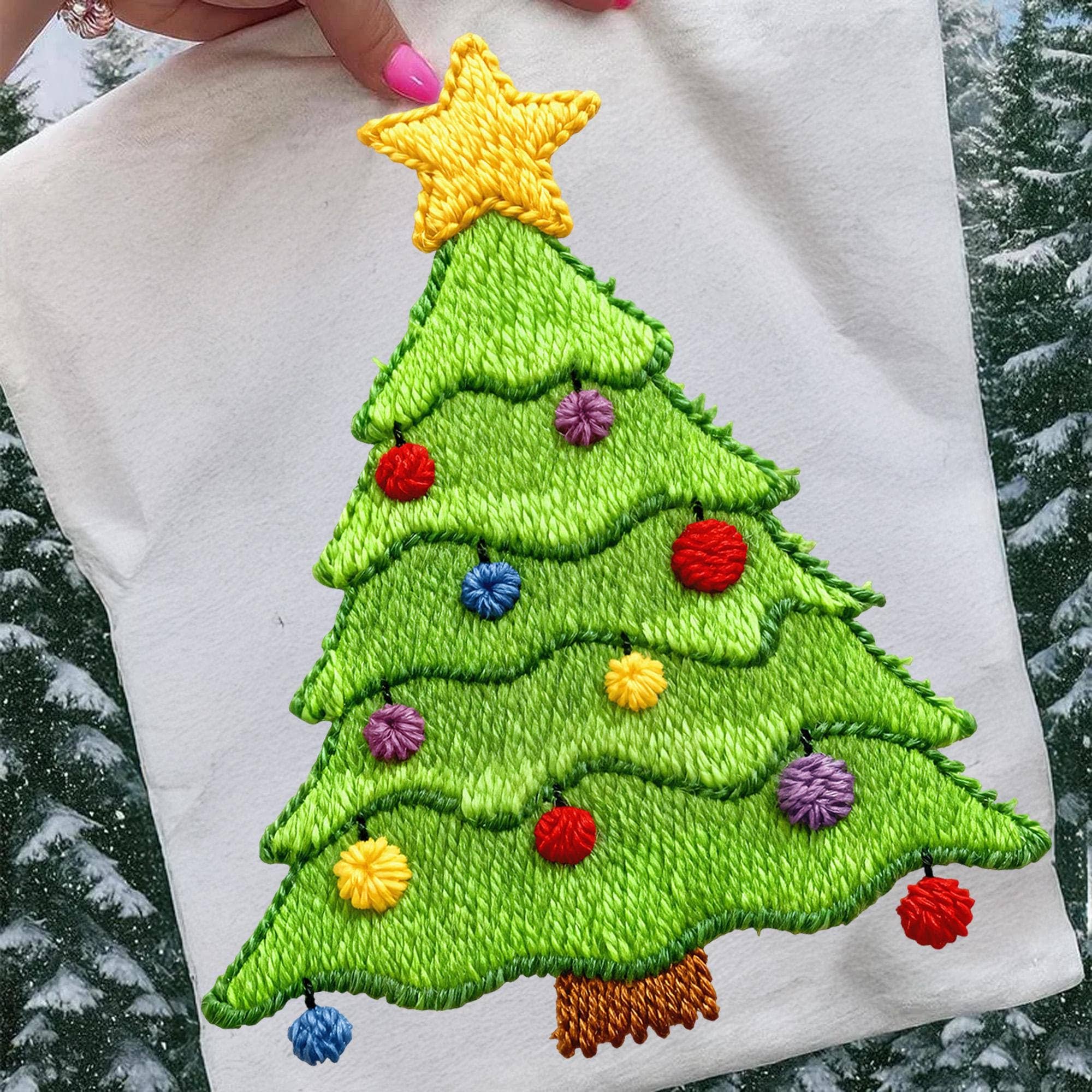 NVC Ecommerce LLC - Vendita all'ingrosso Maglietta stampata - Donna - Maglietta di Natale con albero ricamato finto, T-shirt con ricamo finto3