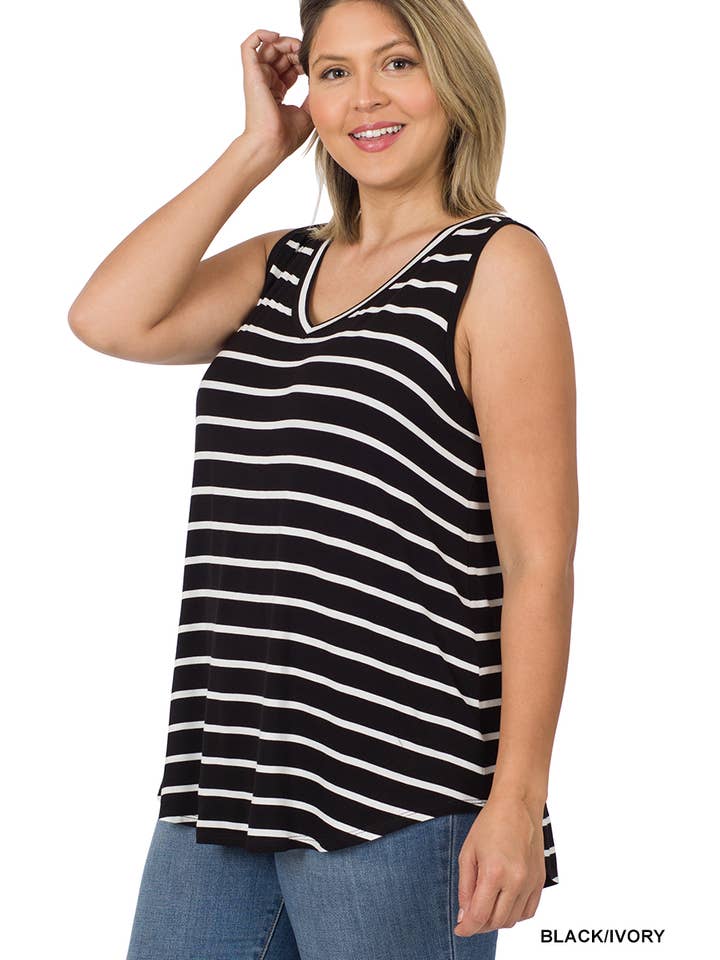 42POPS - Wholesale Knit Top - Women's - SI-22413 Plus Stripe Sleeveless V Neck Top