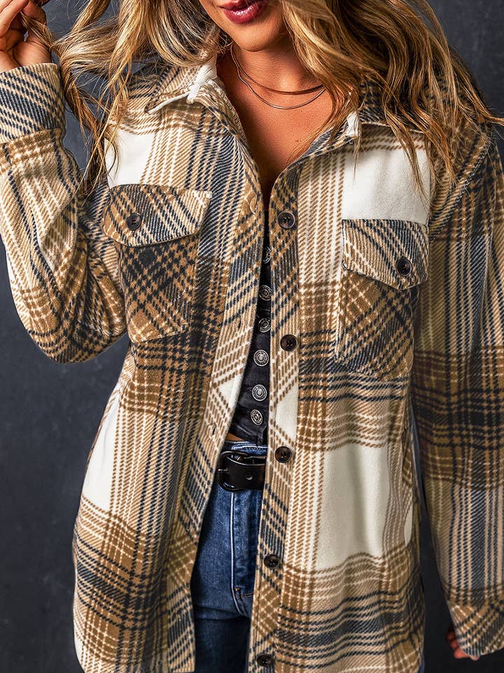 Plaid Print Flap Pocket Button Up Shacket for wholesale by FULL TIME PURCHASE